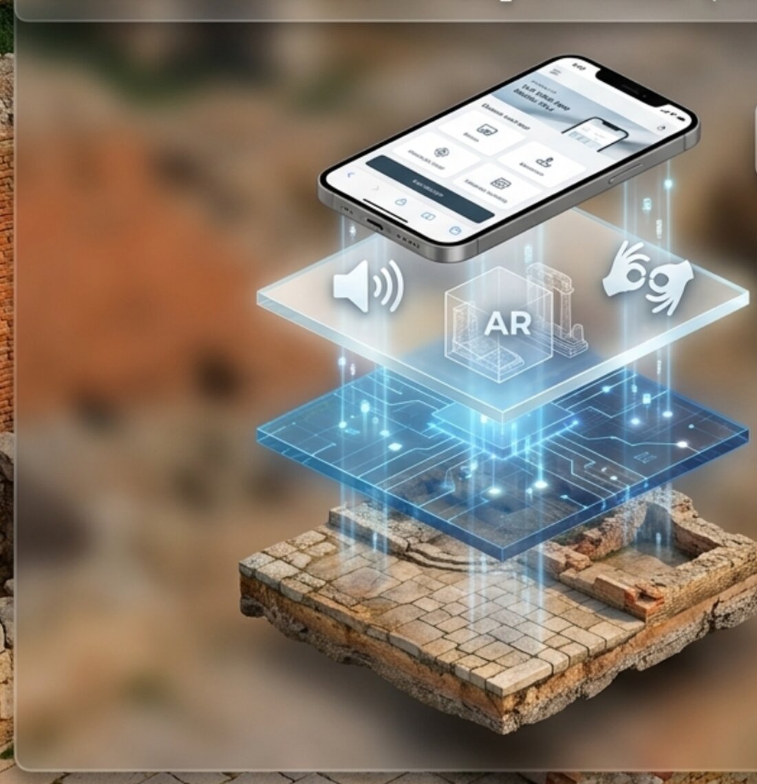 Illustrazione dell'architettura del sistema: sopra le fondazioni reali di una rovina romana si sovrappongono, come strati luminosi, il livello dei dati, il livello dei media accessibili e in cima uno smartphone con la web-app.