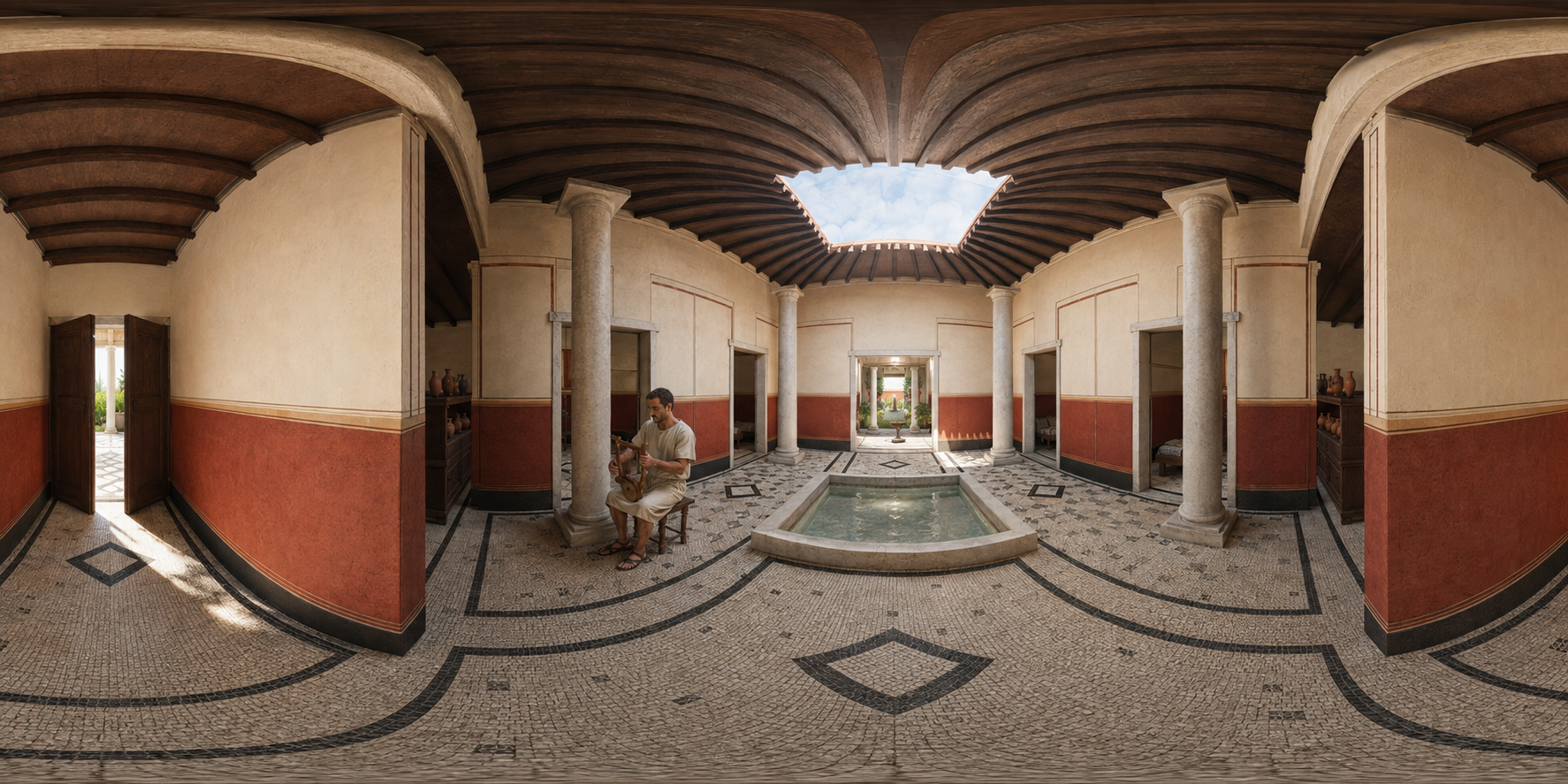 Atrio romano ricostruito: luce dal tetto aperto, colonne chiare, pareti rosse, mosaici, acqua nella vasca centrale e un musicista seduto con uno strumento a corde.