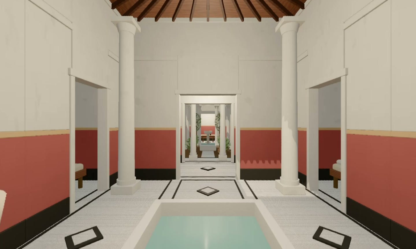 Modello tridimensionale stilizzato dell'atrio di una domus, con colonne, mosaici e vasca centrale.