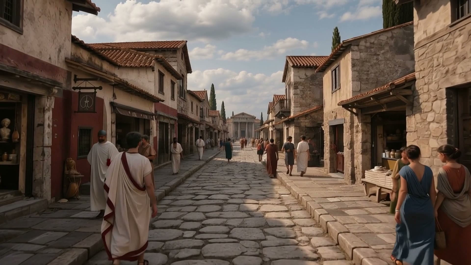 Una strada romana abitata, fra botteghe e case in pietra.