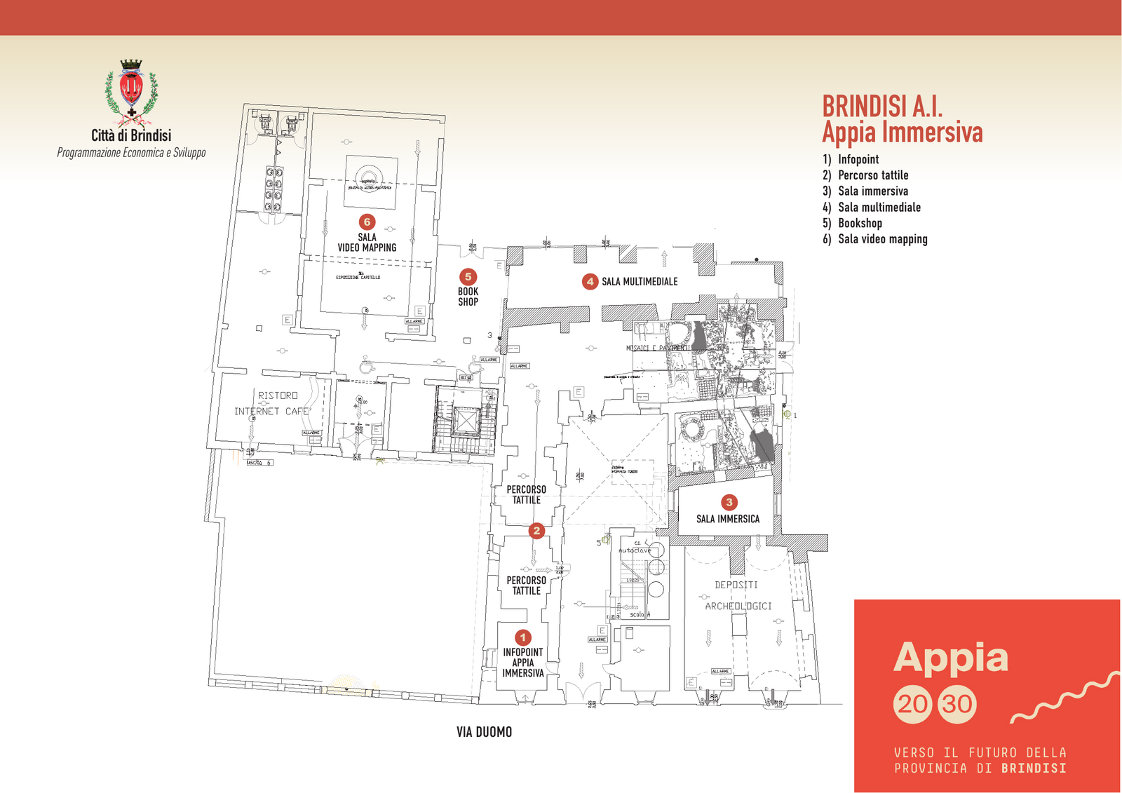 Planimetria di Palazzo Granafei-Nervegna su Via Duomo: pianta architettonica con infopoint Appia Immersiva all'ingresso, percorso tattile che attraversa il corpo centrale, sala immersiva sul lato est accanto ai depositi archeologici, sala multimediale presso i mosaici e pavimenti, bookshop e sala videomapping sul lato nord, con ristoro internet cafè a ovest.