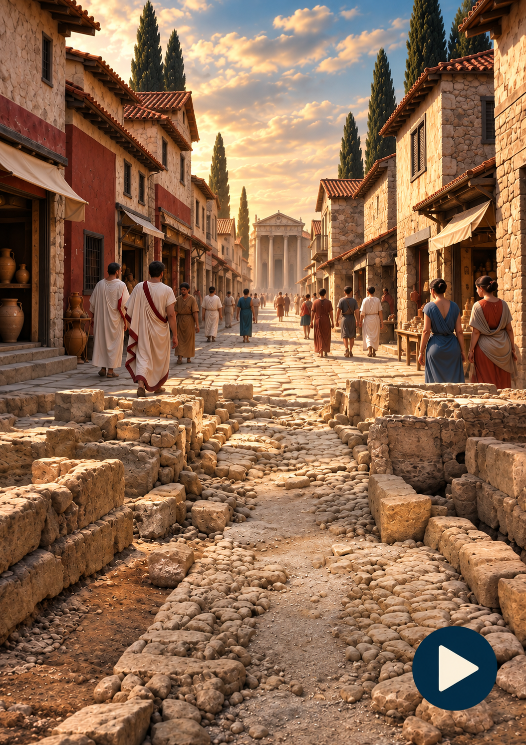 Ricostruzione evocativa della città romana che emerge dai resti archeologici